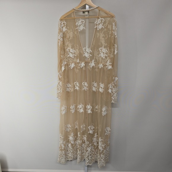 Forever 21 Plus Size 3X Tan Sheer Lace Maxi Kimono Cardigan Robe Duster - Picture 4 of 6